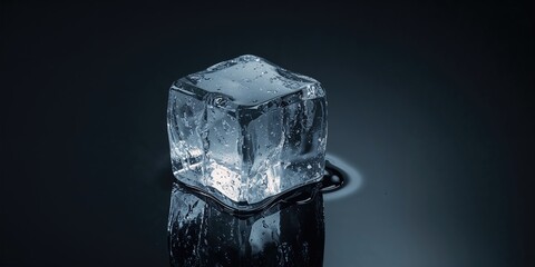 Natural ice block resting on a black reflective surface, suitable for scientific analysis or preservation purposes