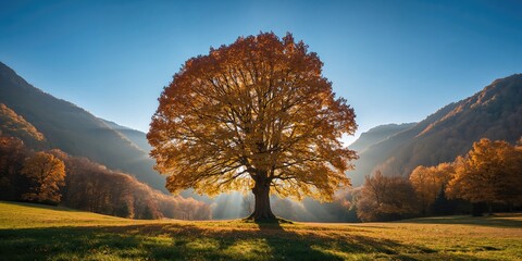 Majestic beech tree in a mountain valley during sunny autumn, seasonal change