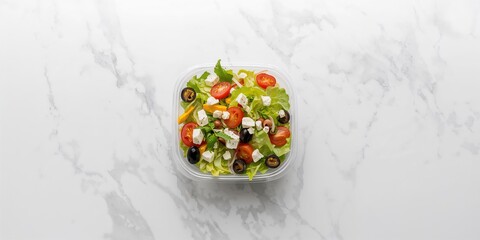 Greek salad in plastic container, food safety for takeout and delivery, against a white marble background