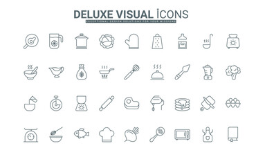 Spoon and spatula, oven or microwave to cook food and recipe book, whisk thin black outline symbols vector illustration. Kitchen tools and ingredients for cooking, baking line icons set.