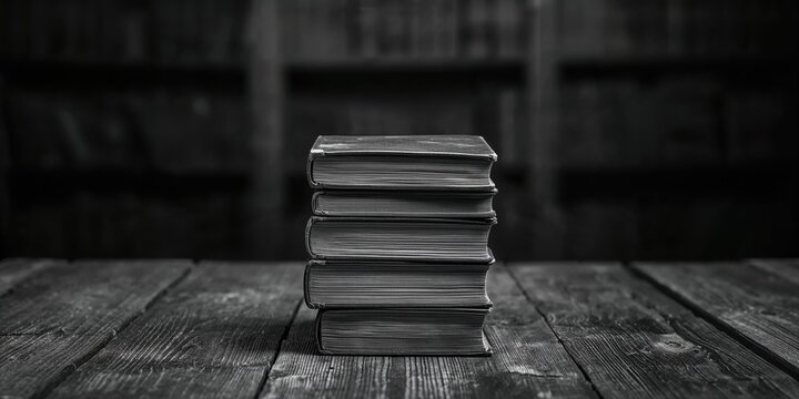 Old books stacked on a wooden surface in black and white, used as background for text and layout, World Book Day - Powered by Adobe