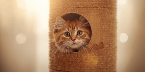 Fluffy cat peering from a scratching post opening, focusing on playful exploration, pet safety awareness