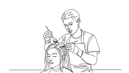 High-quality black continuous line art of a hairdresser applying hair dye with a brush while wearing gloves
