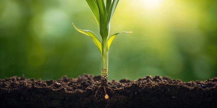 Close up of a whole corn plant showing seed, roots, stem, and leaf blades, agricultural growth, World Food Day
