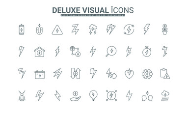 Electric energy and power battery, stress and brainstorm sign, cloud storm, thunderbolt danger, and warning thin black outline symbols vector illustration. Line icons set with lightning bolt.