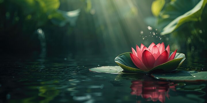 Vivid red lotus blossoms floating in a fountain pond, ideal for use as a serene UI backdrop - Powered by Adobe
