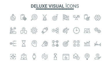 Time management for business achievements line icons set. Employee and office worker run, manage project with calendar, clock, hourglass thin black outline symbols vector illustration.