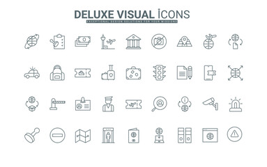Immigration, tourist travel documents, instructions for online approval, thin black outline symbols vector illustration. Passport, visa, and ID card for citizen identification line icons set.