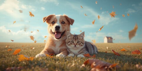 Dog and cat sharing resting space, pet bond and relaxation