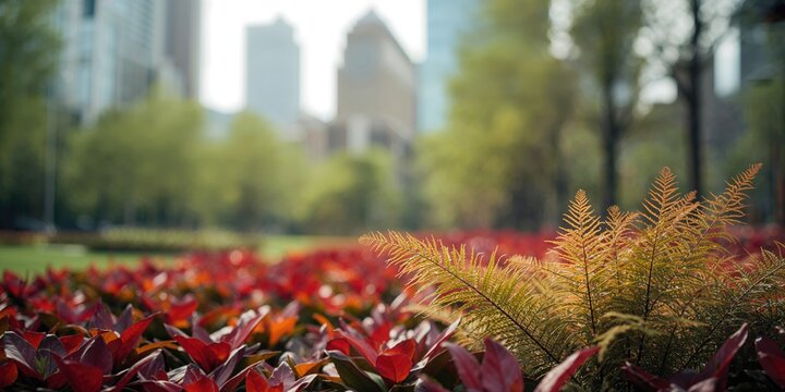 Colorful leaves scattered over diverse plants in an urban garden setting, seasonal change, Earth Day