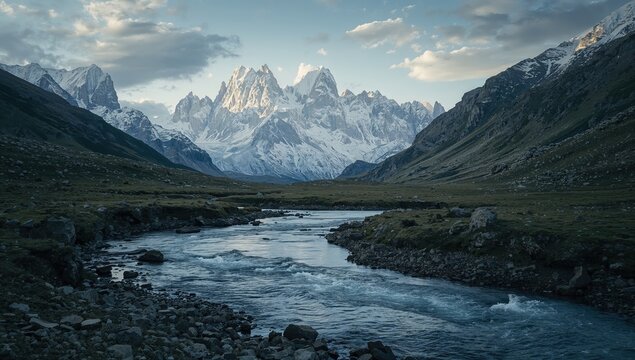 Mountain stream amid snow-capped peaks beneath overcast sky, ideal for landscape or editorial header backgrounds - Powered by Adobe