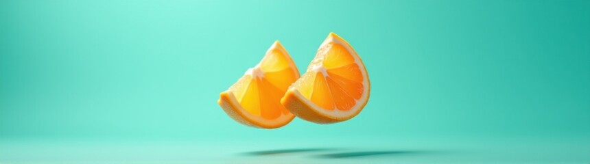 Orange slice being dropped into the air by a droplet food background banner copy space