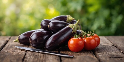 Eggplants and tomatoes on a table, fresh produce for healthy eating