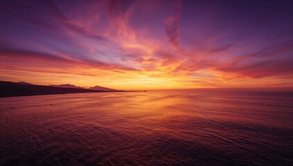 Fototapeta premium Sunset over the sea captured from above, vibrant sky with striking clouds and small waves, highlighting atmospheric conditions, World Maritime Day