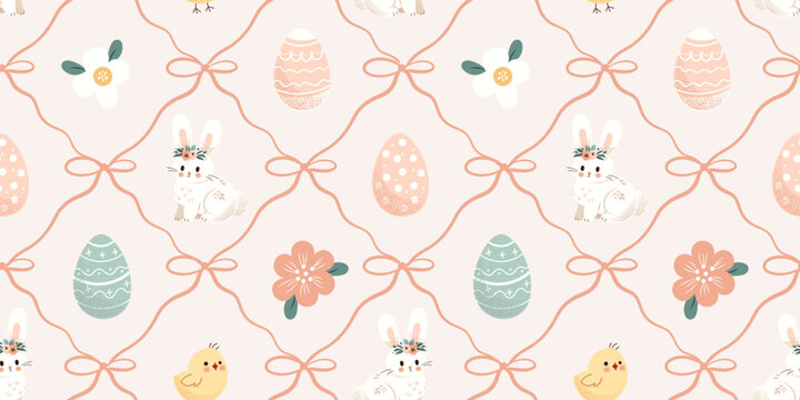 Cute pastel Easter seamless pattern with bunnies, eggs, chicks, and flowers. Ribbon bows form a diamond lattice background. Perfect for spring fabric, wrapping paper, kids decor, and holiday projects.