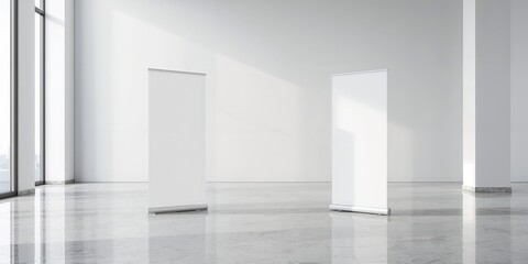 Two roll-up standee banners in an office hallway used for promotional displays, layout efficiency