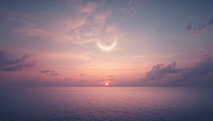 Moon phase and sea horizon at dusk, highlighting coastal evening sky