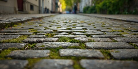 Cobblestone surface with grass sprouting between stones used as a rustic pathway, suitable for outdoor landscape design