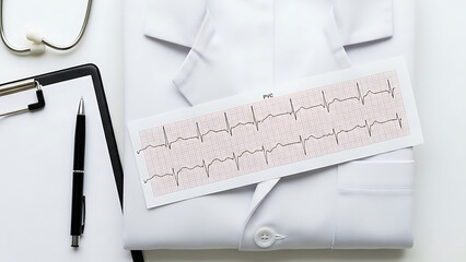 Medical examination setup with white coat, ECG paper, and pen on clipboard. ECG paper displays heart rate monitoring for medical evaluation. Concept of healthcare and cardiology in medical profession.