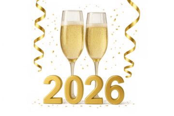 2026 new year celebration, two champagne glasses toasting with golden confetti and streaming ribbons on a transparent background