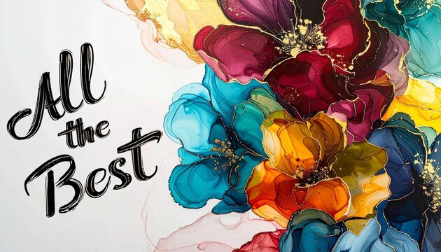 All the best text handwritten style text with colorful floral card, art, alcohol ink, modern design