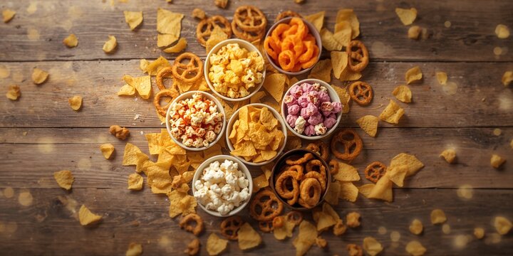 Assorted bowls of chips popcorn nachos pretzels and onion rings, snack consumption and portion control, World Food Day