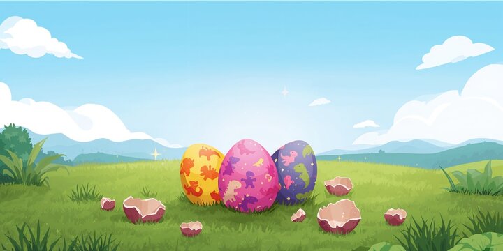 Cartoon style dragon eggs with several eggshells, fantasy creature incubation