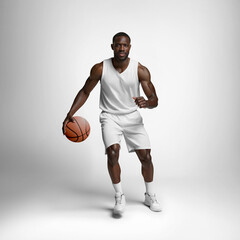 Jersey mockup; shorts on dark-skinned man; dribble; isolated on background; front view. AI generation.
