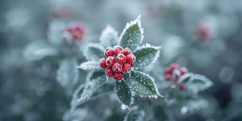 Icy red berries on a cold winter morning, seasonal frost preservation