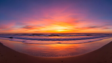 Breathtaking sunset over ocean shore with vivid colors and reflections on water. Sunset view captures vibrant hues in sky, blending shades of purple and orange over tranquil sea.