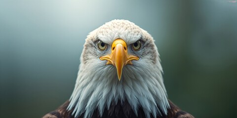 Obraz premium Detailed headshot of a bald eagle showcasing powerful features, ideal for nature conservation backgrounds