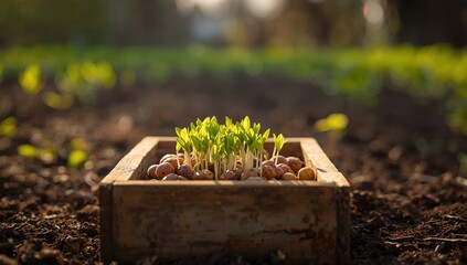Potato seeds with sprouts in a wooden container, illustrating early planting stages in spring, Earth Day