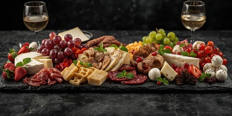 Italian antipasti and wine display on a dark surface, emphasizing culinary presentation, International Gastronomy Day