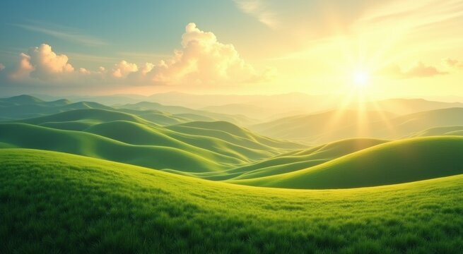 View of a green field with hills and clouds