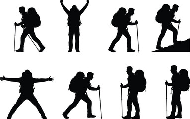 Obraz premium Silhouettes of Mountaineers and Trekkers Walking and Celebrating on a Mountain Path, Featuring Large Backpacks and Hiking Poles for Adventure Travel and Nature Exploration.