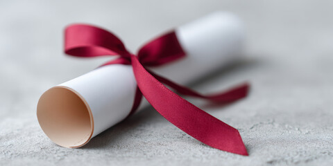 Close-up of a rolled white paper scroll tied with a red ribbon on a textured gray surface, symbolizing achievement or formal document