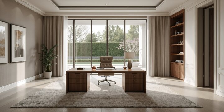 Home office interior with comfortable furniture and ambient lighting, optimized for work efficiency, no observance