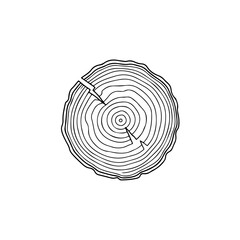Fototapeta premium Black and white line art illustration of a tree trunk cross section showing annual growth rings and cracks isolated on transparent background