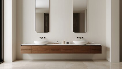 Obraz premium A bathroom featuring dual wooden sinks and a glass mirror, highlighting material durability and maintenance, Earth Day