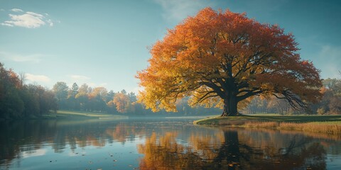 Scenic autumn forest view, highlighting seasonal transition and vibrant leaves