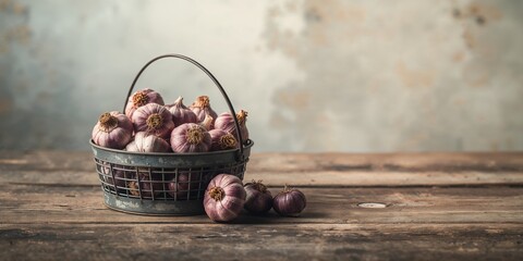 Garlic bulbs in an aged metal basket placed on a wooden surface, highlighting traditional food ingredients and health, National Nutrition Week