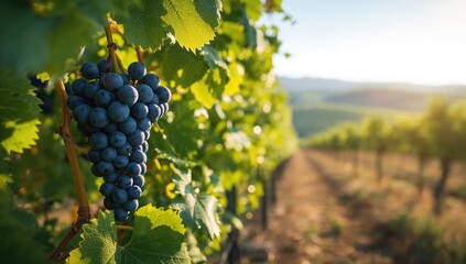 Close-up of blue grapes on a vine during harvest, fruit quality assessment, World Agriculture Day