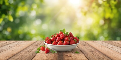 A wooden table with a bowl of ripe red strawberries, freshness and natural appeal