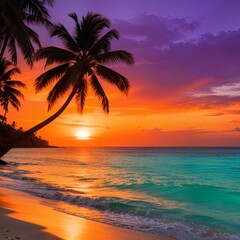 Vibrant tropical beach at golden hour with palm trees silhouetted against a fiery orange and purple sunset sky. Calm turquoise ocean waves gently lapping the shore. Idyllic summer vacation background 