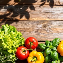A vibrant assortment of fresh organic farm-to-table vegetables and herbs including tomatoes, bell peppers, and lettuce, artfully arranged on a rustic wooden table. Overhead flat lay shot with copy spa
