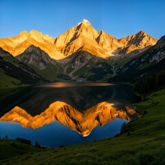 Golden Hour Sunrise over a Majestic Mountain Range with a Serene Alpine Lake Reflection. Scenic Landscape with Copy Space.