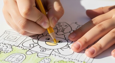 Child Engaged in Creative Activity with Colored Pencil on Coloring Page of Cartoon Character