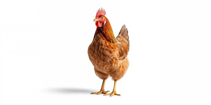 Full-body brown chicken hen in upright stance against a white backdrop, ideal for agricultural signage or educational materials