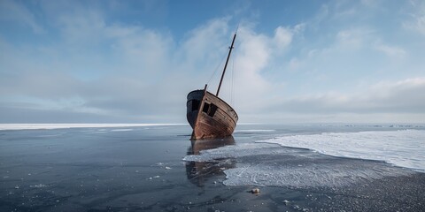 Seascape of the Barents Sea with a fishing boat wreck on the shore in a village setting, highlighting maritime erosion risk
