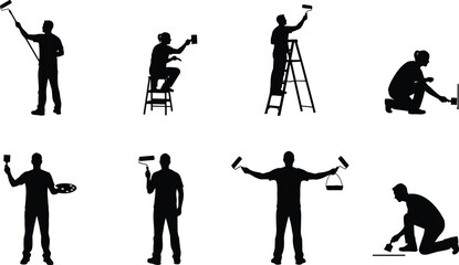 Set of Silhouettes of Painters and Decorators Holding Brushes, Rollers, and Other Tools Working on Walls and Ceilings for Home Improvement and Renovation Projects.